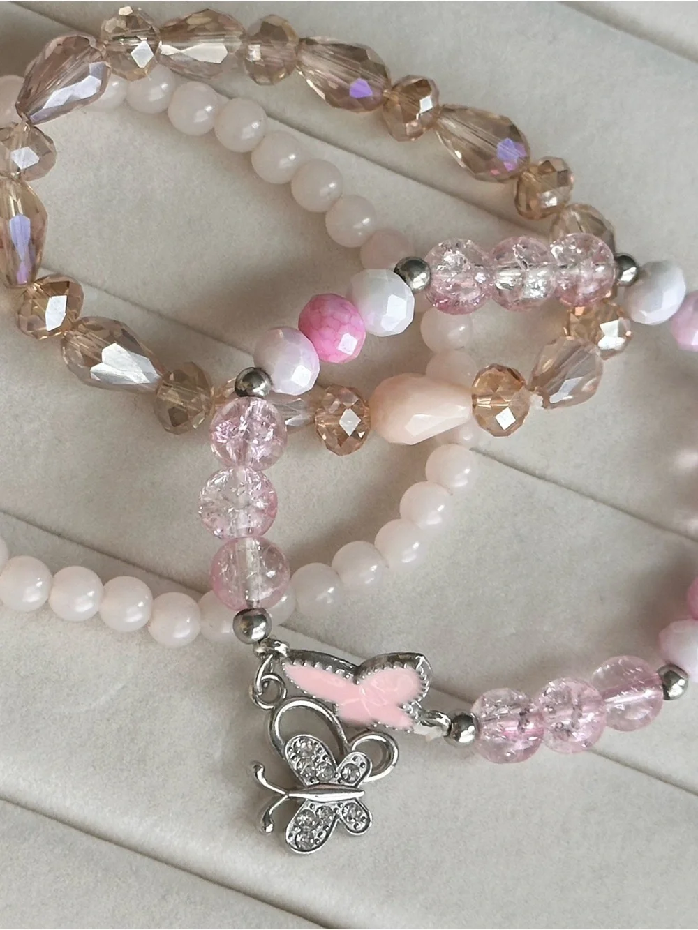 Pink Beaded Butterfly Charm Bracelet Set